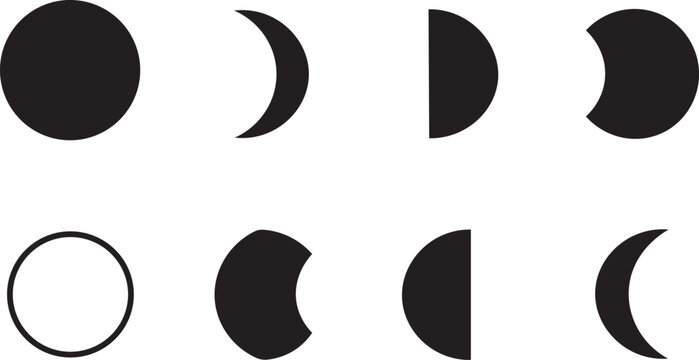 8 Solar Eclipse silhouette icons moon phases sun rings stars, solid black style,