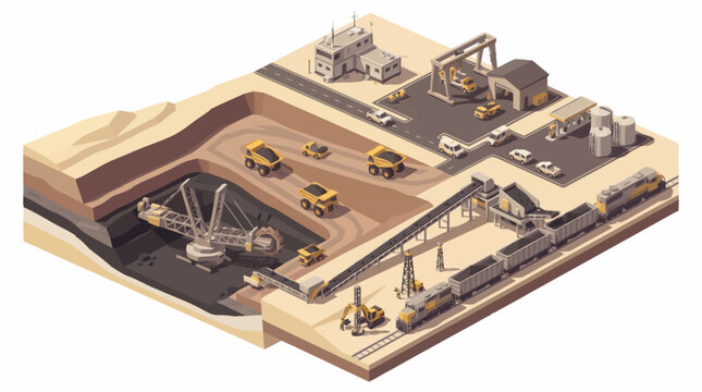 Industrial mining operation with extraction and transportation of resources.