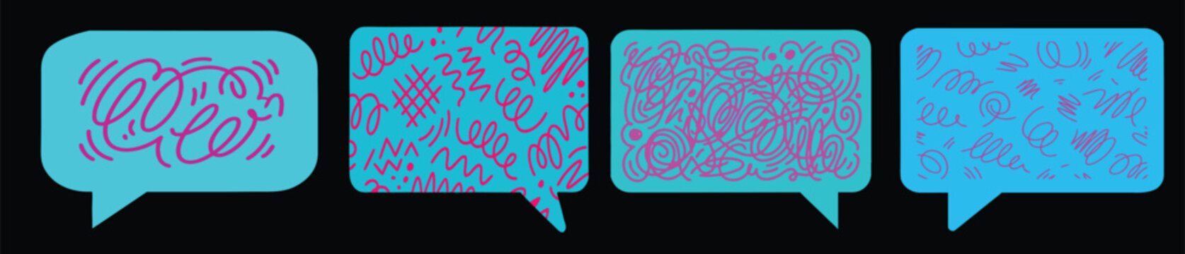 Set of four blue speech bubbles with purple abstract scribble patterns inside representing confusion chaos messy thoughts mental health and complex communication problems on black background