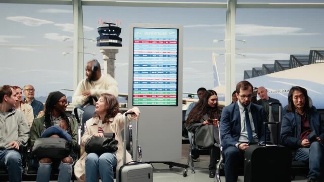 Frustrated tourists watch a red airport status screen showing cancelled flights and delayed flight announcements while holding luggage at the gate.