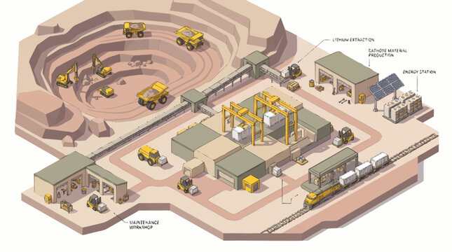 Open Pit Mine Operations With Heavy Machinery And Processing Plant.