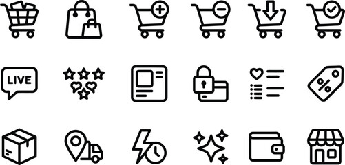 E commerce line icons set shopping cart delivery discounts and storefront isolated on transparent background © Asma