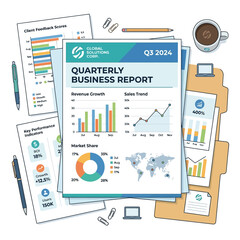 Fototapeta premium Business report illustration with charts, graphs and data analysis design