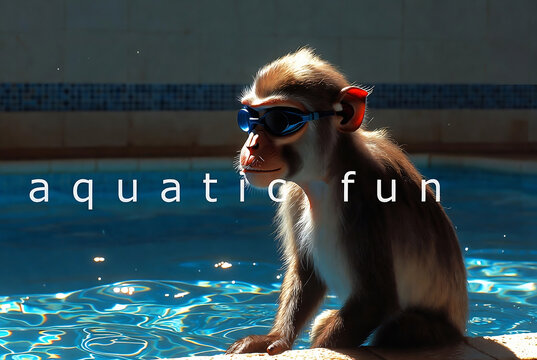 A monkey wearing sunglasses is sitting in a swimming pool with the text aquatic fun overlaid.