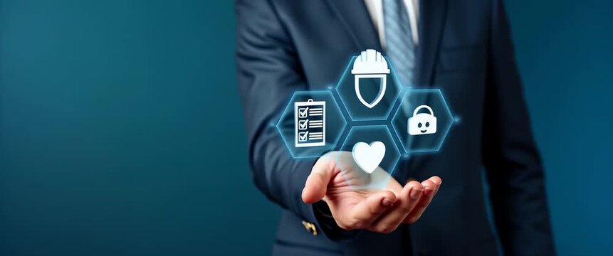 Hand holding holographic work safety icons with shield hard hat checklist health protocols in empty space concept as Hand holds holographic work safety icons including shield hard hat checklist health