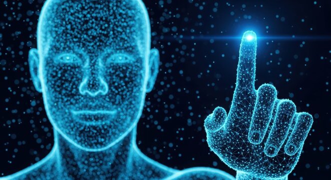 A blue humanoid figure with a glowing finger