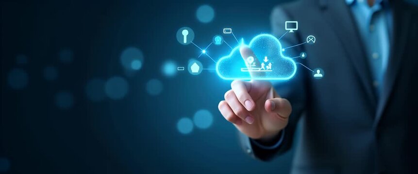 Hand typing on holographic SaaS interface displaying cloud computing software platforms icons in empty space concept as Hand types on holographic SaaS interface showcasing cloud computing software pla