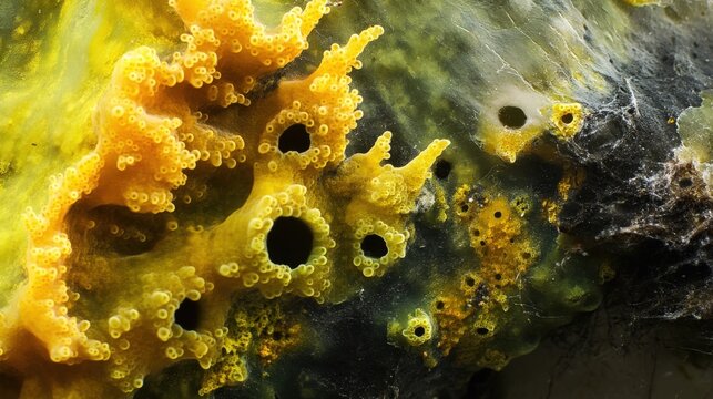 Vibrant yellow marine sponge grows on a dark rocky surface underwater.