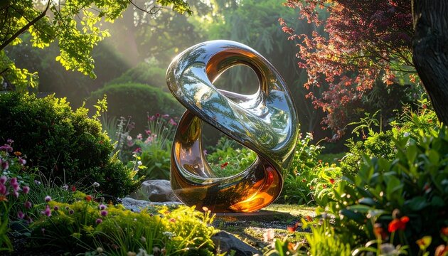 A gleaming abstract metal sculpture placed in the center of a lush green garden setting surrounded by vibrant flowers and soft sunlight beams.