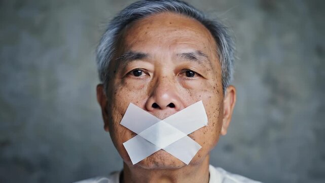 Portrait of an Asian man with his mouth taped, symbolizing silence, censorship, or the inability to speak or voice dissent