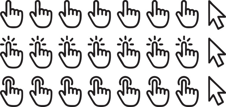 Collection of computer cursor hand icons showing various clicking and pointing gestures in a clean black and white vector style