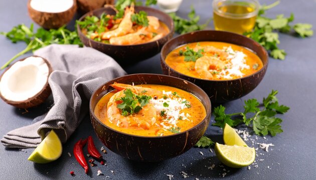 Delicious Thai coconut shrimp soup served in natural coconut shell bowls garnished with fresh coriander leaves on a rustic table background.
