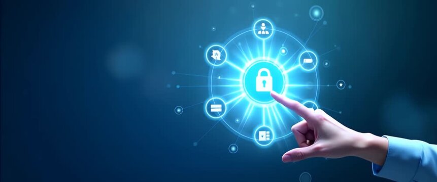 Hand interacting with holographic cybersecurity device showing username password lock icons in empty space concept as Hand interacts with holographic cybersecurity device displaying username password 