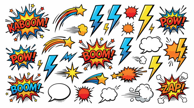Retro comic book sound effects and speech bubbles vector set, colorful pop art explosion clouds with boom and pow text, vintage superhero action elements