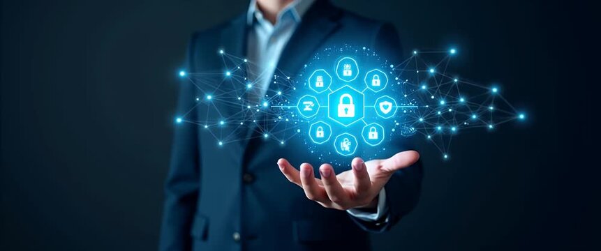 Hand interacting with holographic two factor authentication device showing shield 2FA secure access icons in empty space concept as Hand interacts with holographic two factor authentication device dis