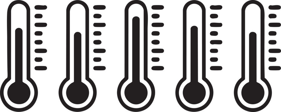 Five black and white thermometer icons showing different levels of measurement in a simple flat vector graphic design style