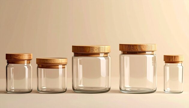 Set of empty glass jars with natural bamboo wooden lids arranged in a row on a clean neutral background for sustainable home storage display.
