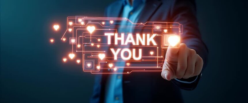 Hand interacting with holographic thank you message interface showing glowing Thank You symbols in empty space concept as Hand interacts with holographic thank you message interface displaying glowing