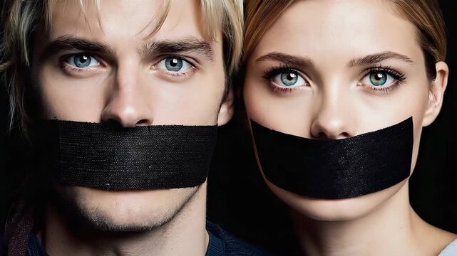 Intense portrait of a man and woman silenced by black tape, symbolizing secrets, communication control, restriction, and emotional mystery