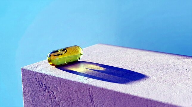Single yellow omega 3 or vitamin D capsule on a pink concrete block with strong natural light and shadows on a light background