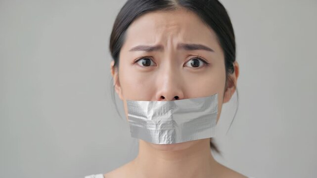 Distressed young woman covering her mouth with aluminum foil, symbolizing silence, inability to communicate, or emotional distress in a studio portrait.