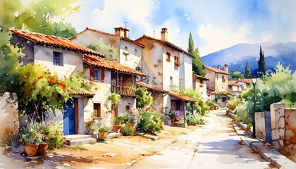 Obraz premium A picturesque watercolor painting of a charming village street in the countryside featuring rustic houses with vibrant flowers and greenery.