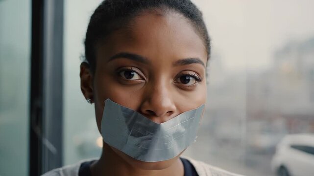 Young Black woman with face covered by medical tape looking directly at the camera, suggesting themes of illness, speech restriction, or privacy.