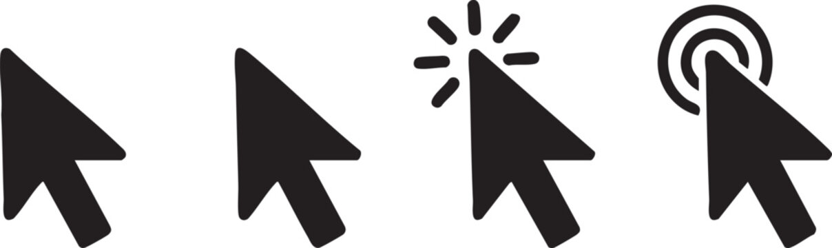 Set of black computer mouse cursor arrow icons showing various clicking actions for websites and digital user interface design projects