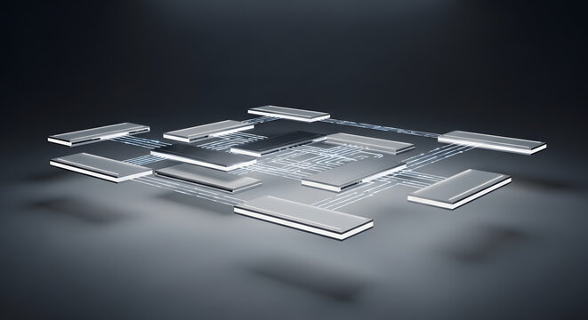 Floating modular data storage blocks and digital platforms connected by light beams representing distributed ledger technology and cloud architecture.