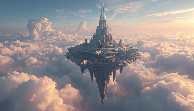 Futuristic floating city island with skyscrapers above clouds in sci-fi landscape