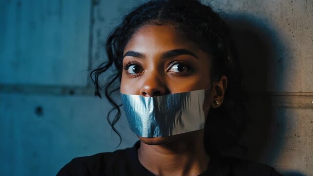 Striking portrait of a young woman with an intense gaze wearing a reflective metallic foil mask, emphasizing themes of anonymity, mystery, and modern self-expression.