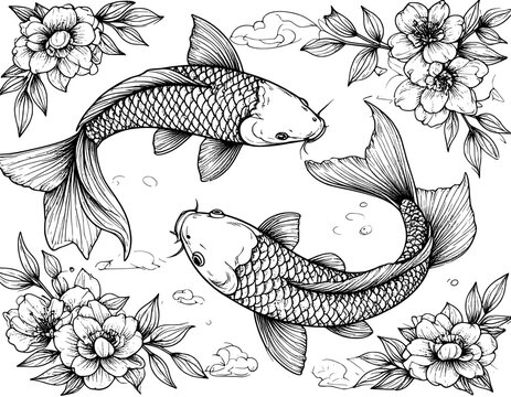illustration hand drawn tattoo koi fish black and white