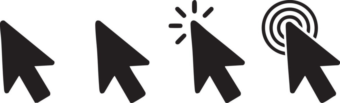 Set of black computer mouse cursor arrow icons representing various clicking actions for modern digital user interface design web navigation