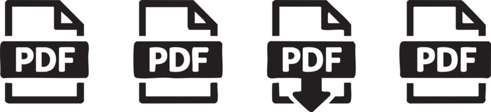 Set of black pdf file format icons representing digital document storage and download options in a flat vector illustration style