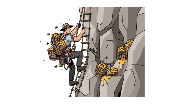 Prospector's Climb: A determined prospector ascends a steep cliff face, laden with baskets brimming with golden treasure, symbolizing the arduous yet rewarding pursuit of riches and adventure.