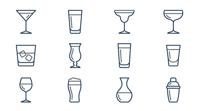 Collection of Various Drink Glasses and Barware Icons.