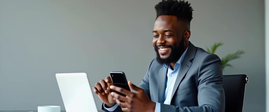 Happy African business man employee student looking away using smartphone at work smiling young adult male professional worker holding cell phone smart mobile tech working in office sitting at desk co