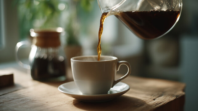 Fresh hot coffee pouring from a glass server into a white ceramic cup on a wooden table