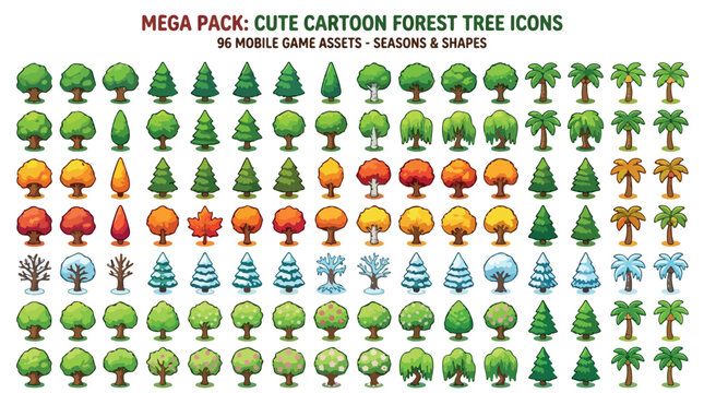 Mega pack of 96 cute cartoon forest tree icons, mobile game assets for seasons and shapes, colorful flat nature vector set
