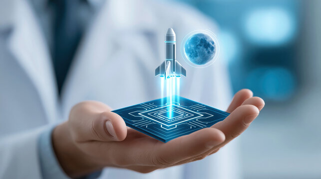 Digital rocket launch innovation concept held in hand with moon hologram and circuit board projection expressing futuristic ambition and discovery