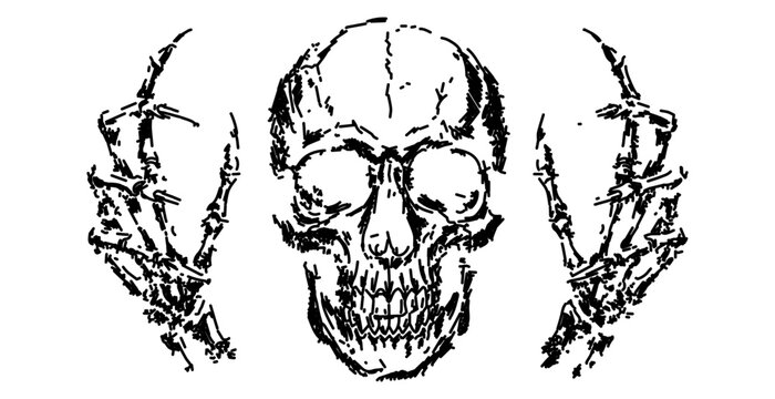 Grunge skull with skeletal hands vector, vintage hand drawn horror element, creepy death illustration