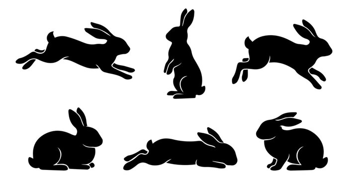 Rabbit silhouette set, vector bunny icons in different poses, jumping and sitting hares collection