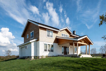 Fototapeta premium A modern, two-story house with wood and white siding sits on a grassy hill under a bright blue sky.