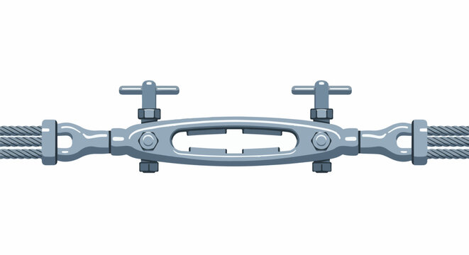 A heavy-duty metal turnbuckle with threaded rods and cables attached