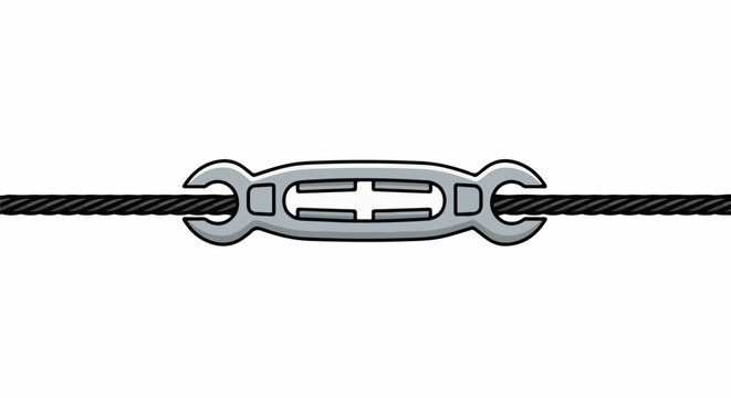 A metal turnbuckle connector joining two thick wires