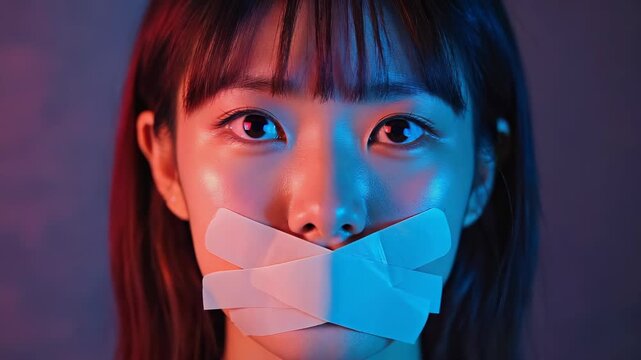 Dramatic neon portrait of a young Asian woman with a taped mouth, symbolizing secrets, silence, and vulnerability in dramatic cinematic lighting