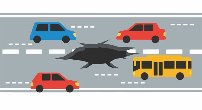 A large pothole obstructs a highway with cars and a bus