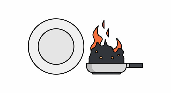 A grey plate sits next to a frying pan with food and flames