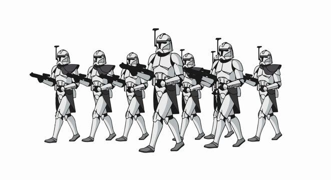 A group of soldiers in white armor with black accents march forward