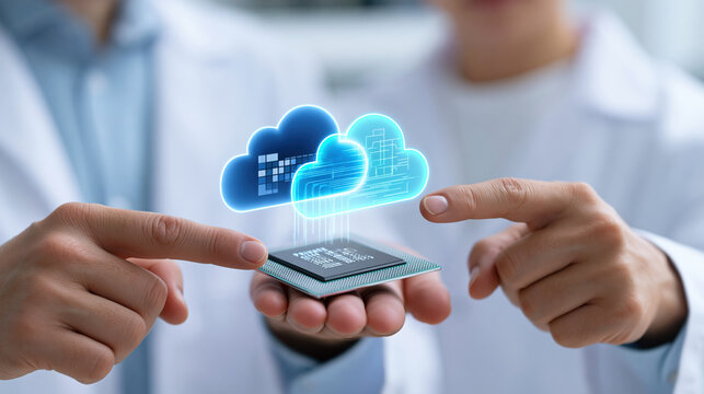 Cloud computing concept with chip held in hands, glowing data cloud icons and holographic interface, futuristic technology and collaboration